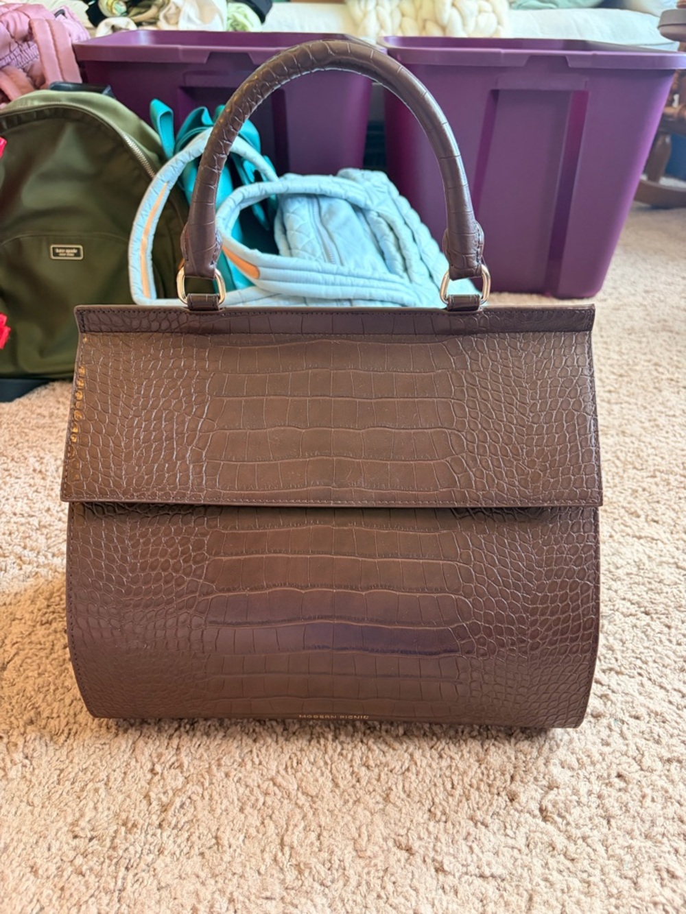 Classic Croc-Embossed Satchel Handbag - Brown
